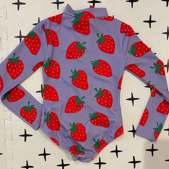 Mini Boden Purple Long-Sleeve Strawberry Swimsuit - Picture 3 of 6